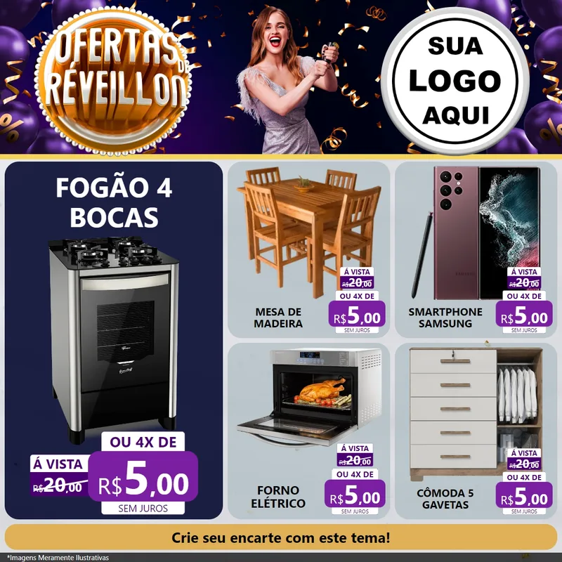 Modelo de Rede Social para Feed Facebook com o tema Ofertas de Réveillon para Móveis e Eletro