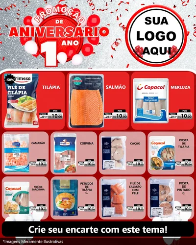 Modelo de Rede Social para Feed Instagram com o tema Promoção de Aniversário - 1 Ano para Peixaria
