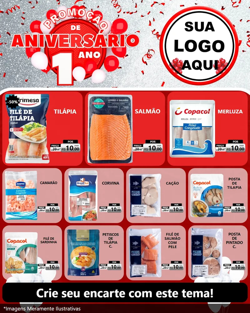 Modelo de Rede Social para Feed Instagram com o tema Promoção de Aniversário - 1 Ano para Peixaria