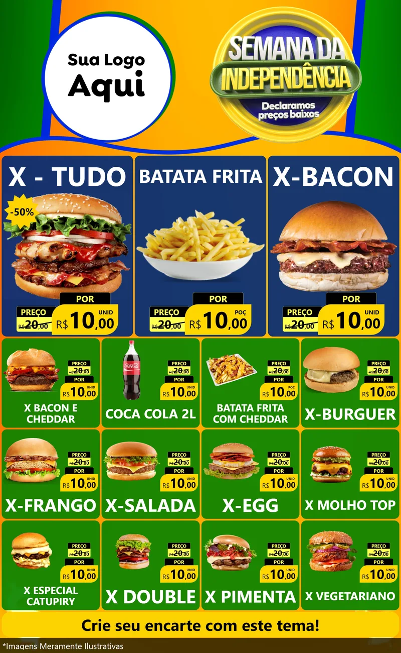 Modelo de Encarte para Encarte Grande com o tema Semana da Independência Declaramos Preços Baixos para Hamburgueria