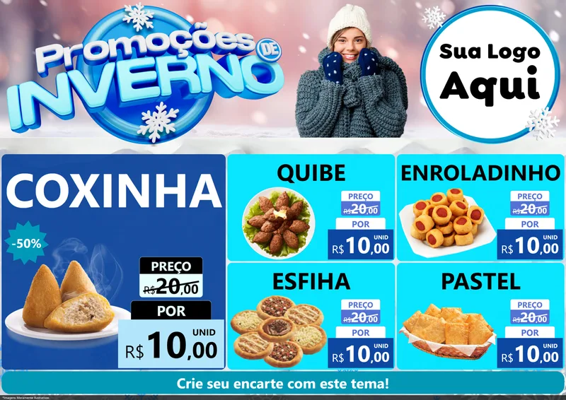 Modelo de Encarte para Encarte A4 Horizontal com o tema Promoções de Inverno para Salgadaria