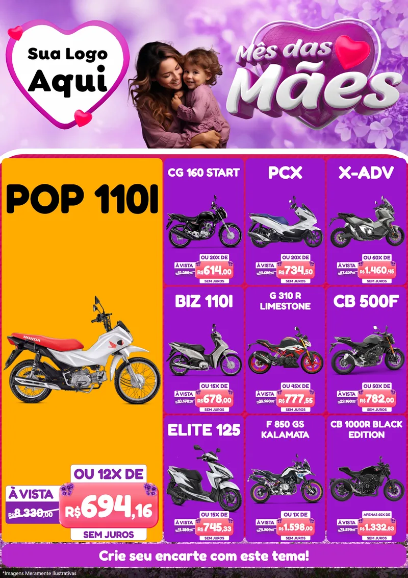 Modelo de Encarte para Encarte A4 Vertical com o tema Mês das Mães para Concessionaria de Motos
