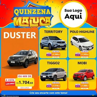 Modelo de Rede Social para Feed Facebook com o tema Quinzena Maluca para Concessionaria de Carros