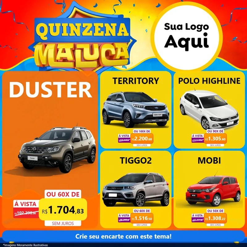 Modelo de Rede Social para Feed Facebook com o tema Quinzena Maluca para Concessionaria de Carros