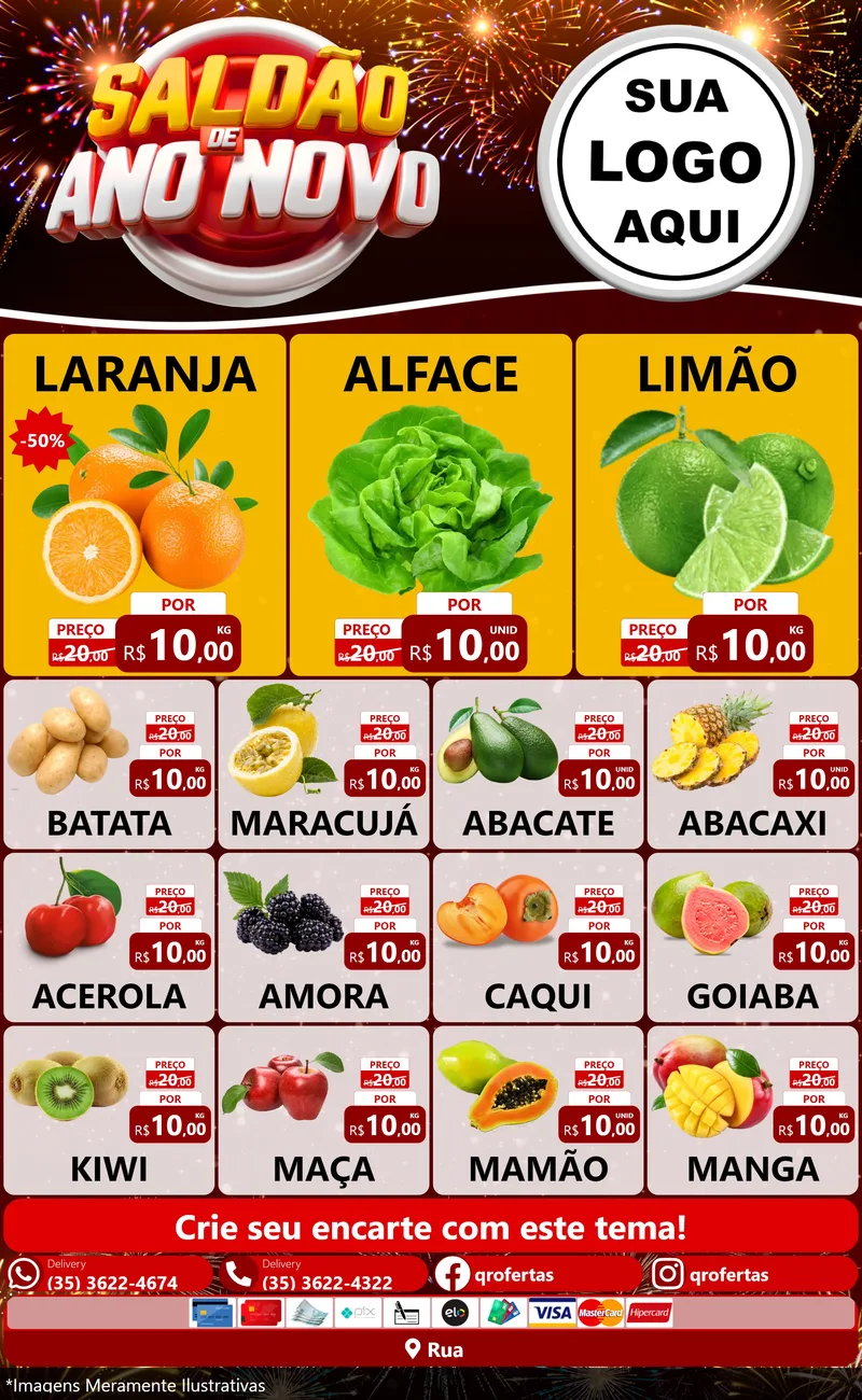 Modelo de Encarte para Encarte Grande com o tema Saldão de Ano Novo para Hortifrúti