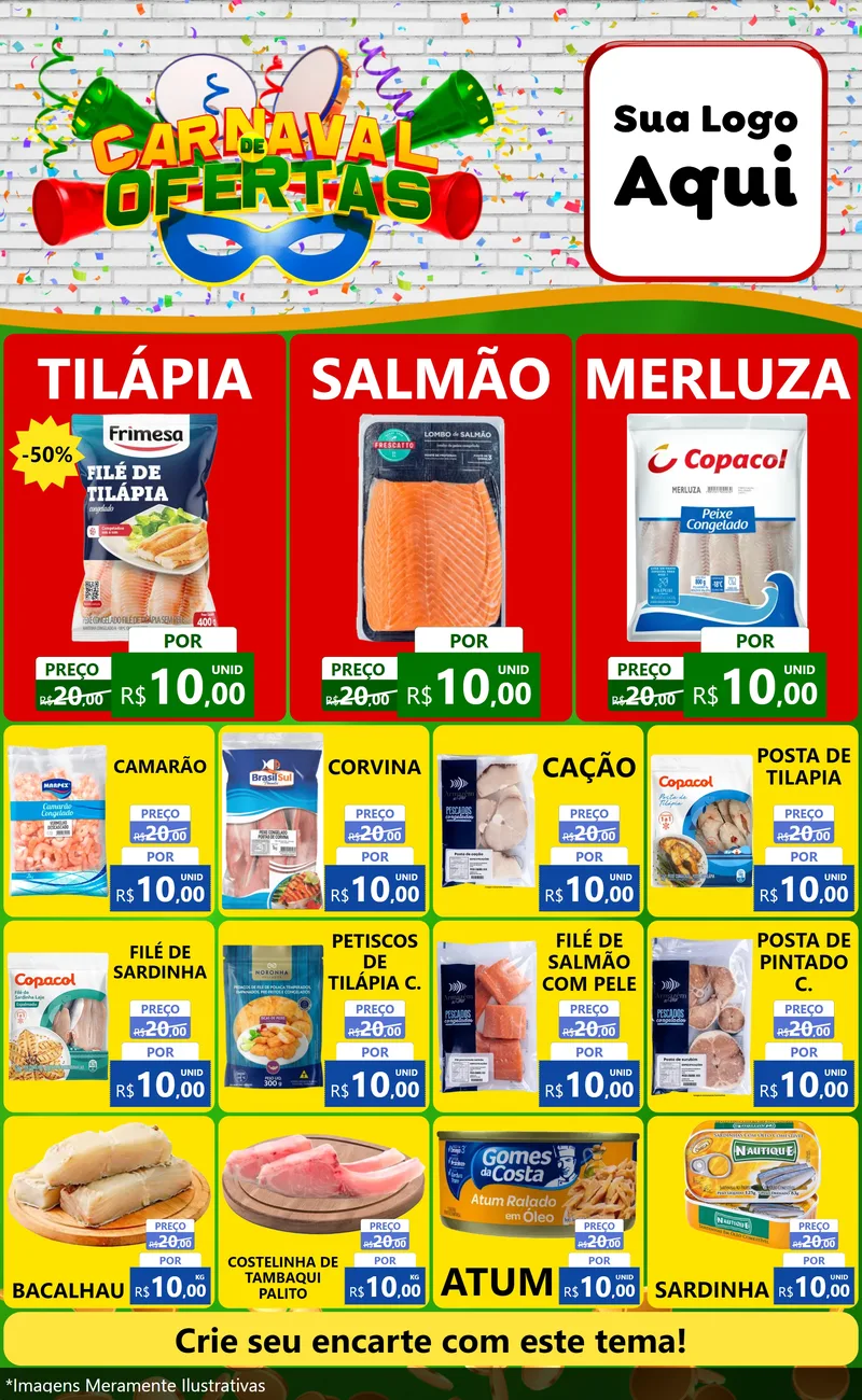 Modelo de Encarte para Encarte Grande com o tema Carnaval de Ofertas para Peixaria