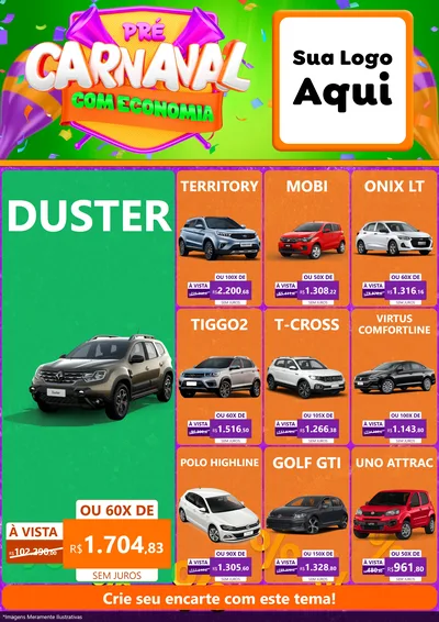 Modelo de Encarte para Encarte A4 Vertical com o tema Pré-Carnaval Com Economia para Concessionaria de Carros