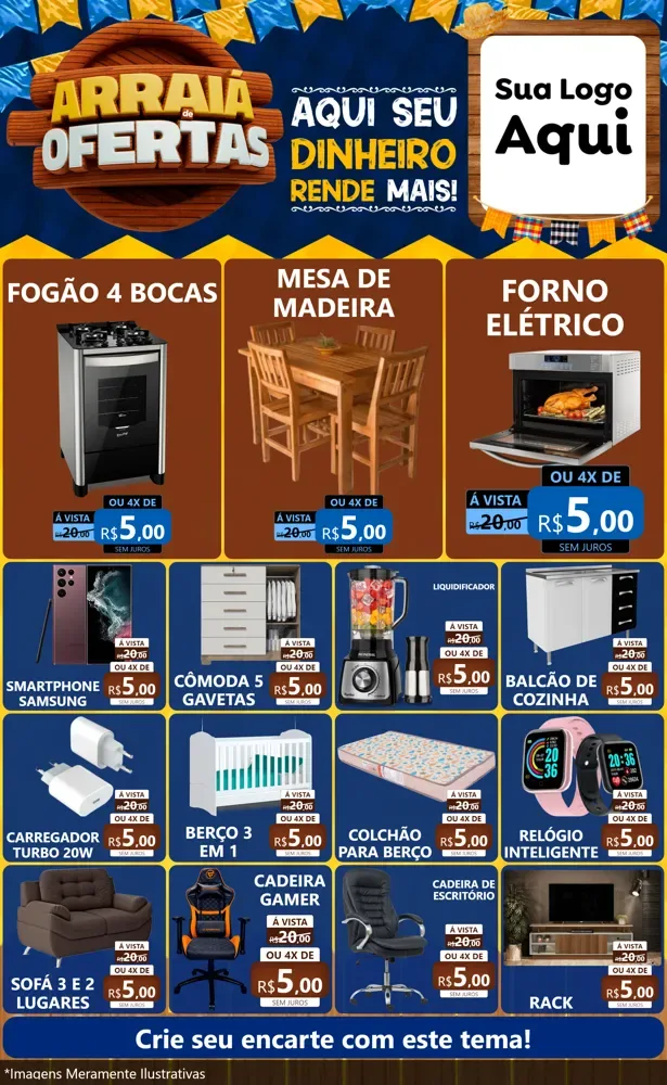 Modelo de Encarte para Encarte Grande com o tema Arraiá de Ofertas - Junina para Móveis e Eletro
