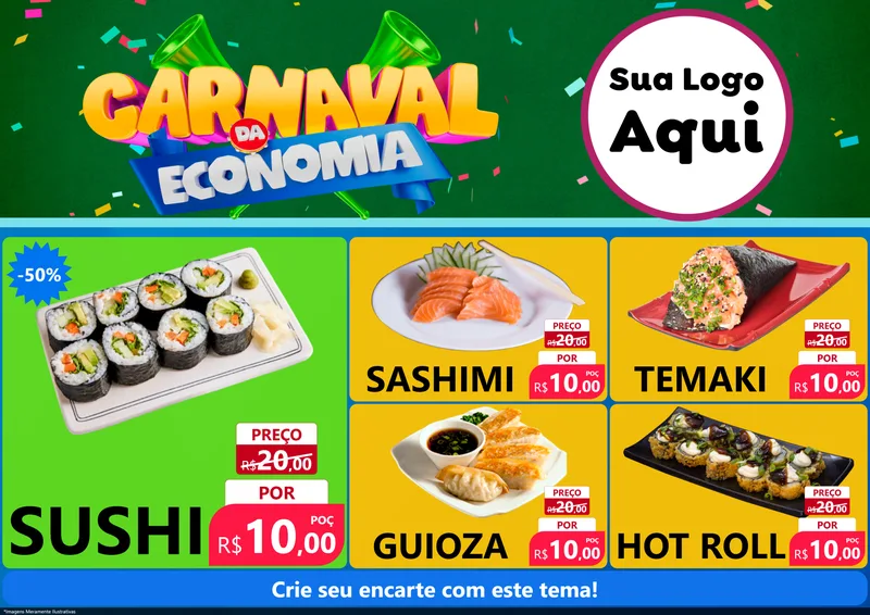 Modelo de Encarte para Encarte A4 Horizontal com o tema Carnaval da Economia para Comida japonesa