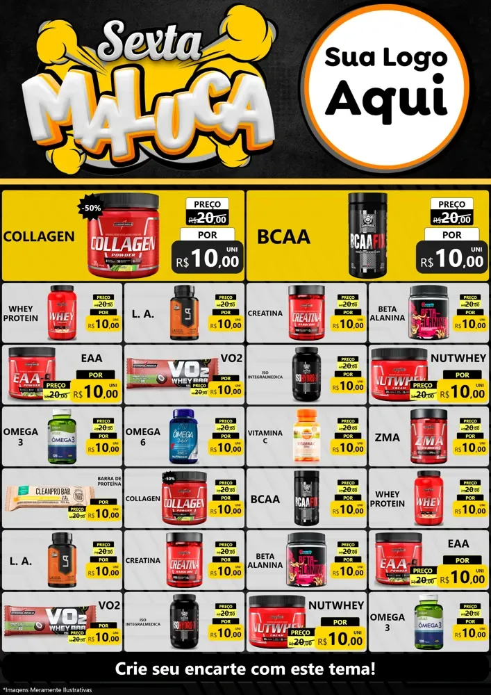 Modelo de Encarte para Encarte A4 Vertical com o tema Sexta Maluca para Suplementos alimentares