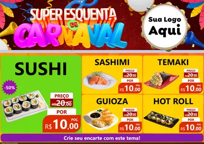 Modelo de Encarte para Encarte A4 Horizontal com o tema Super Esquenta de Carnaval para Comida japonesa