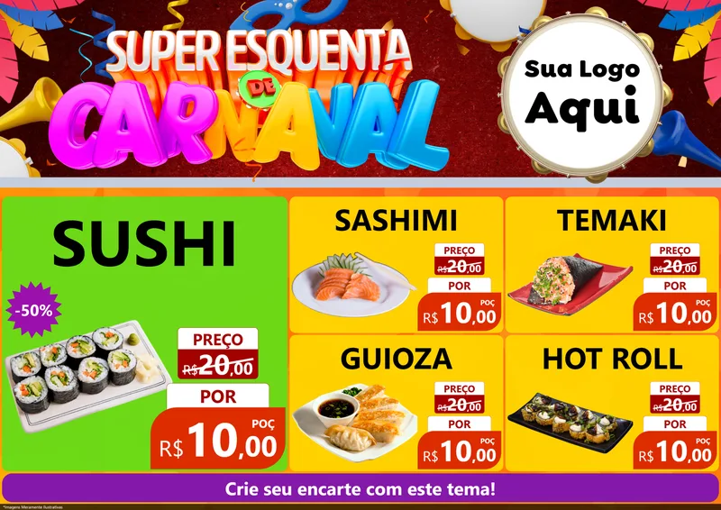 Modelo de Encarte para Encarte A4 Horizontal com o tema Super Esquenta de Carnaval para Comida japonesa