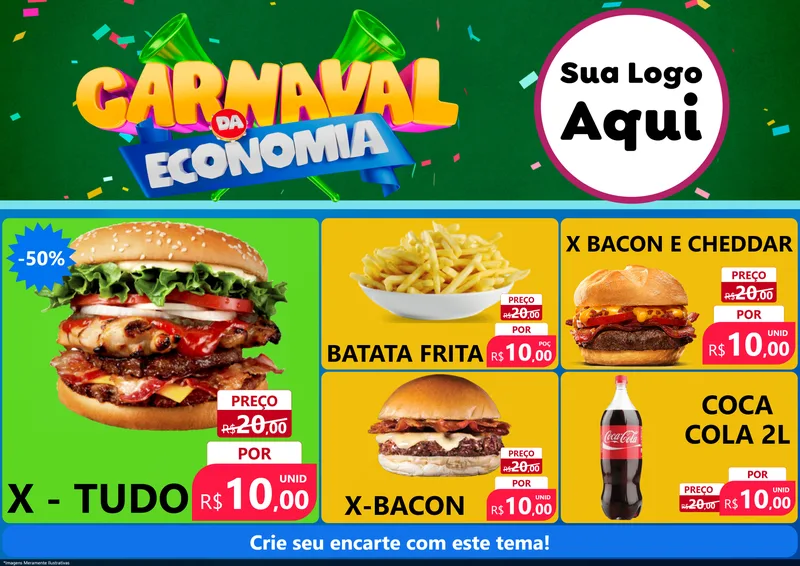 Modelo de Encarte para Encarte A4 Horizontal com o tema Carnaval da Economia para Hamburgueria