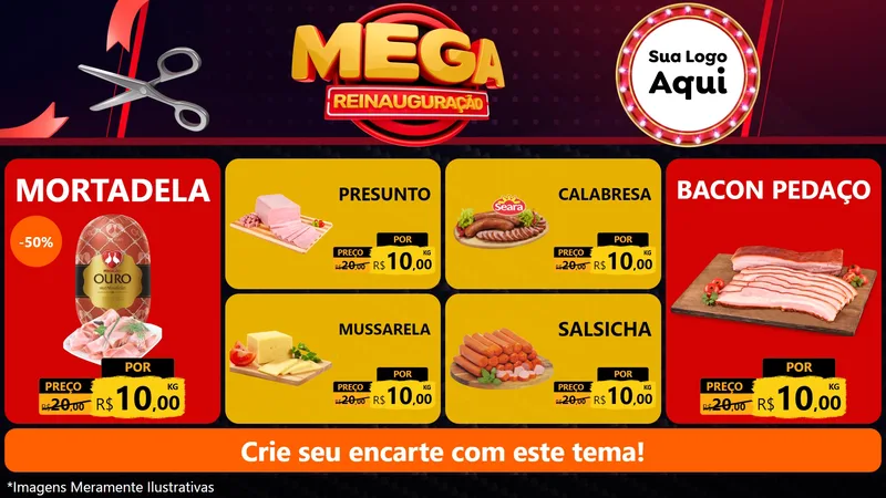 Modelo de TV para TV Horizontal com o tema Mega Reinauguração para Frios e Laticínios