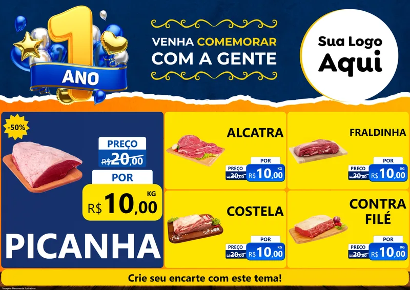 Modelo de Encarte para Encarte A4 Horizontal com o tema Um Ano de Aniversário para Açougue