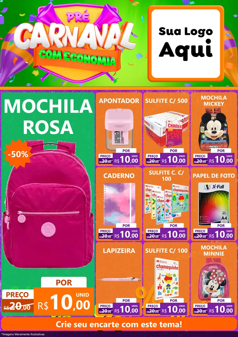 Modelo de Encarte para Encarte A4 Vertical com o tema Pré-Carnaval Com Economia para Papelaria