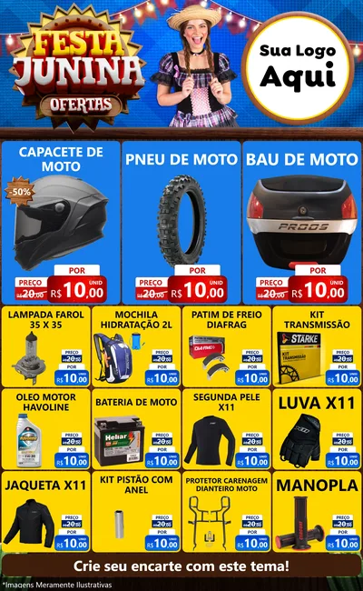 Modelo de Encarte para Encarte Grande com o tema Festa Junina Ofertas para Moto peças