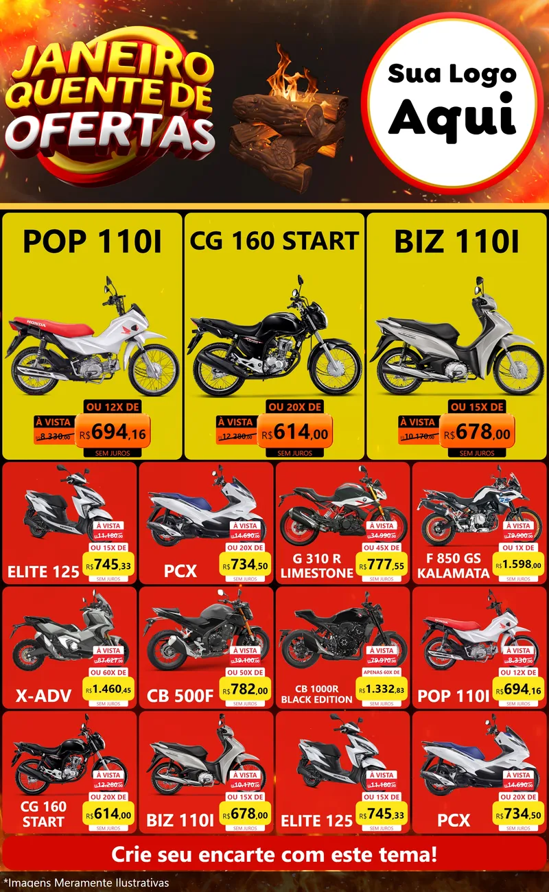 Modelo de Encarte para Encarte Grande com o tema Janeiro Quente de Ofertas para Concessionaria de Motos