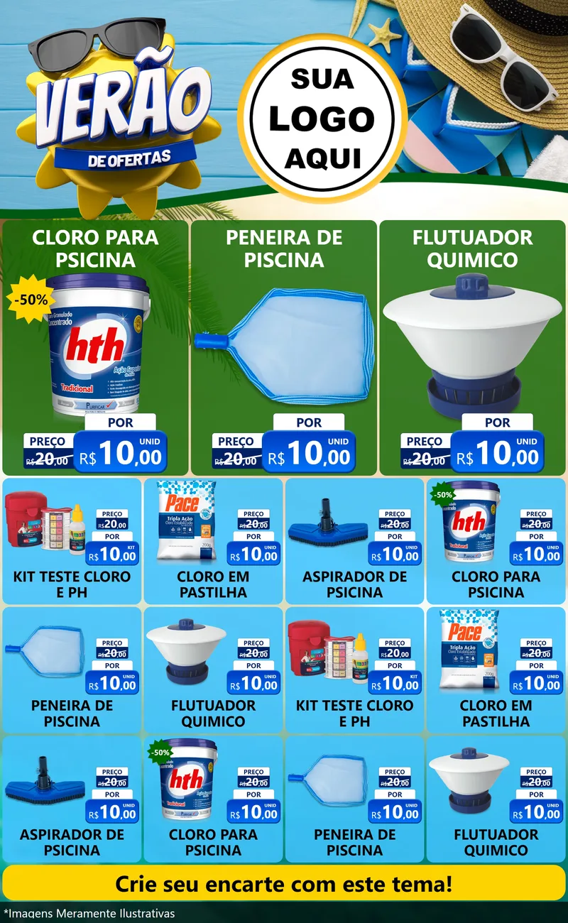 Modelo de Encarte para Encarte Grande com o tema Verão de Ofertas para Produtos para Piscina