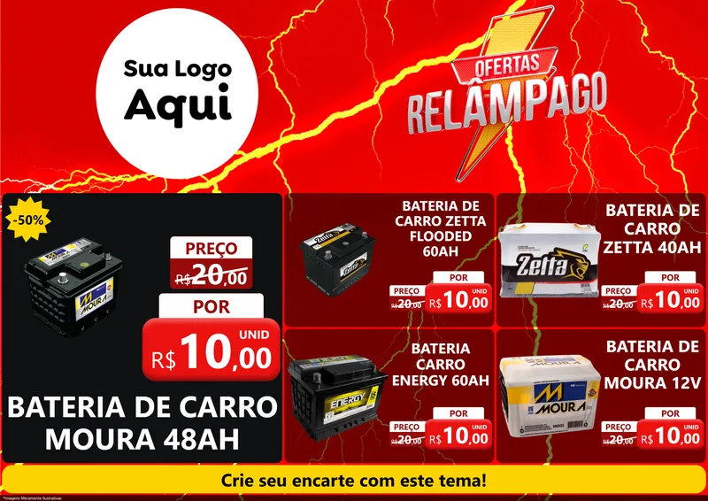 Modelo de Encarte para Encarte A4 Horizontal com o tema Ofertas Relâmpago para Baterias Elétricas