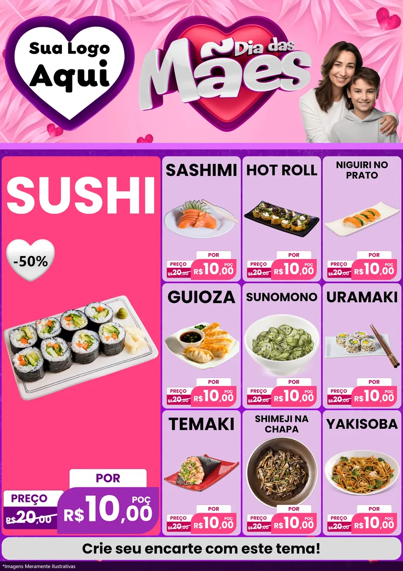 Modelo de Encarte para Encarte A4 Vertical com o tema Dia das Mães para Comida japonesa