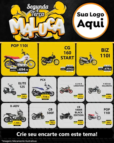 Modelo de Rede Social para Feed Instagram com o tema Segunda e Terça Maluca para Concessionaria de Motos