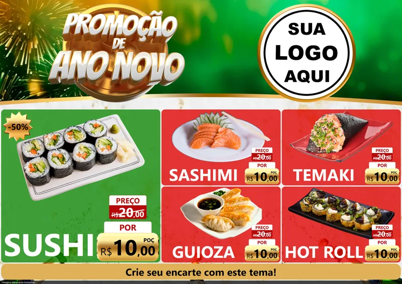 Modelo de Encarte para Encarte A4 Horizontal com o tema Promoção de Ano Novo para Comida japonesa