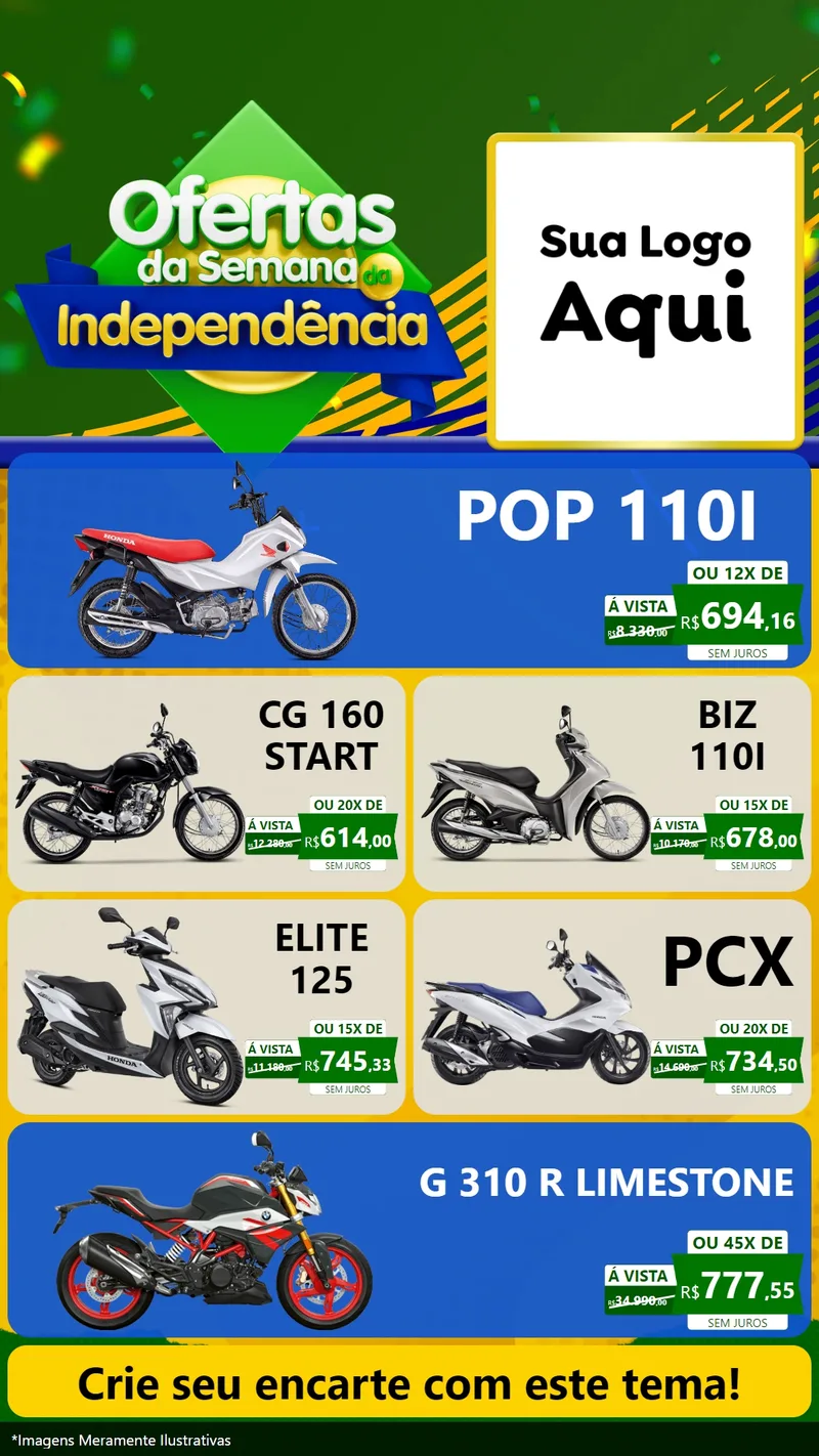 Modelo de TV para TV Vertical com o tema Ofertas da Semana da Independência para Concessionaria de Motos