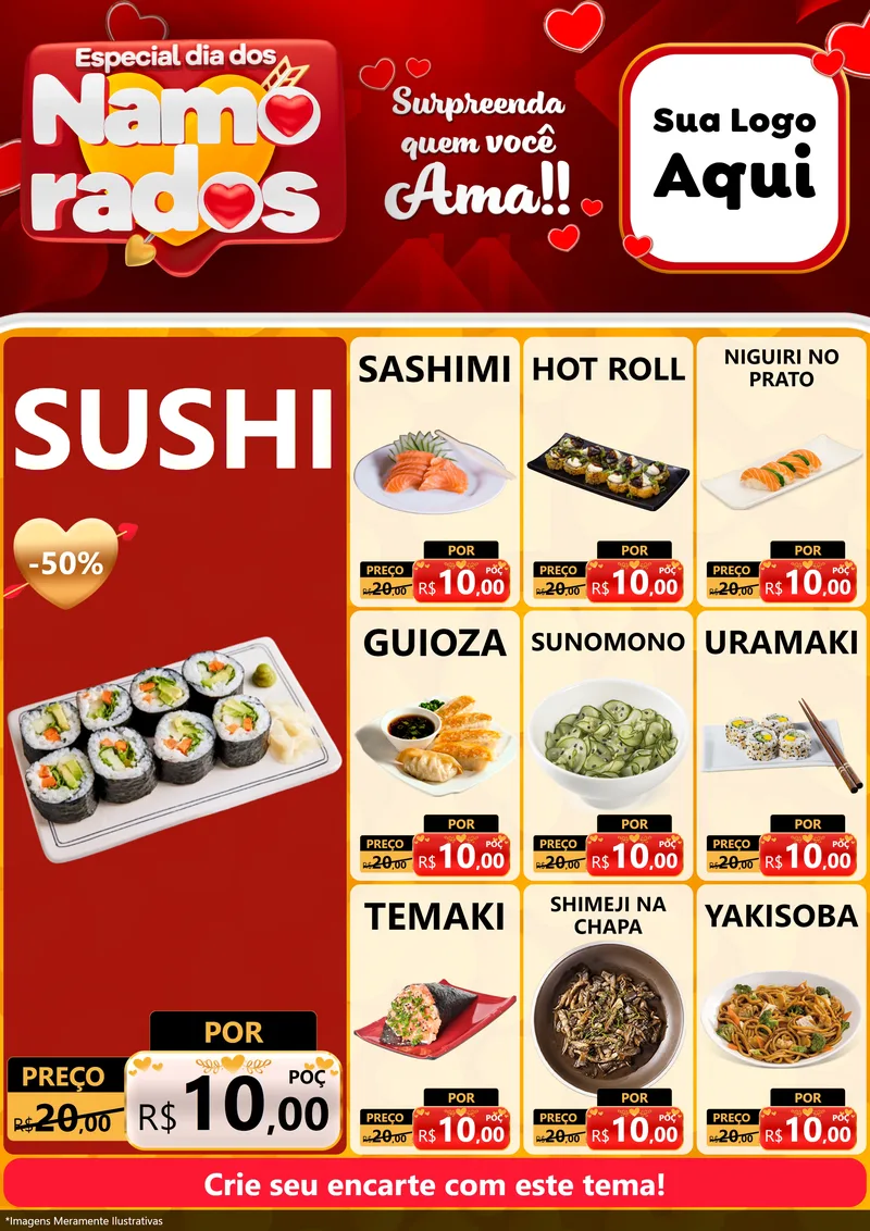 Modelo de Encarte para Encarte A4 Vertical com o tema Especial Dia dos Namorados para Comida japonesa