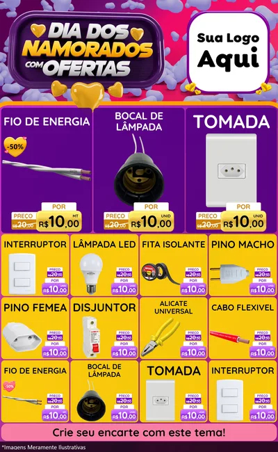 Modelo de Encarte para Encarte Grande com o tema Dia Dos Namorados Com Ofertas para Materiais Elétricos