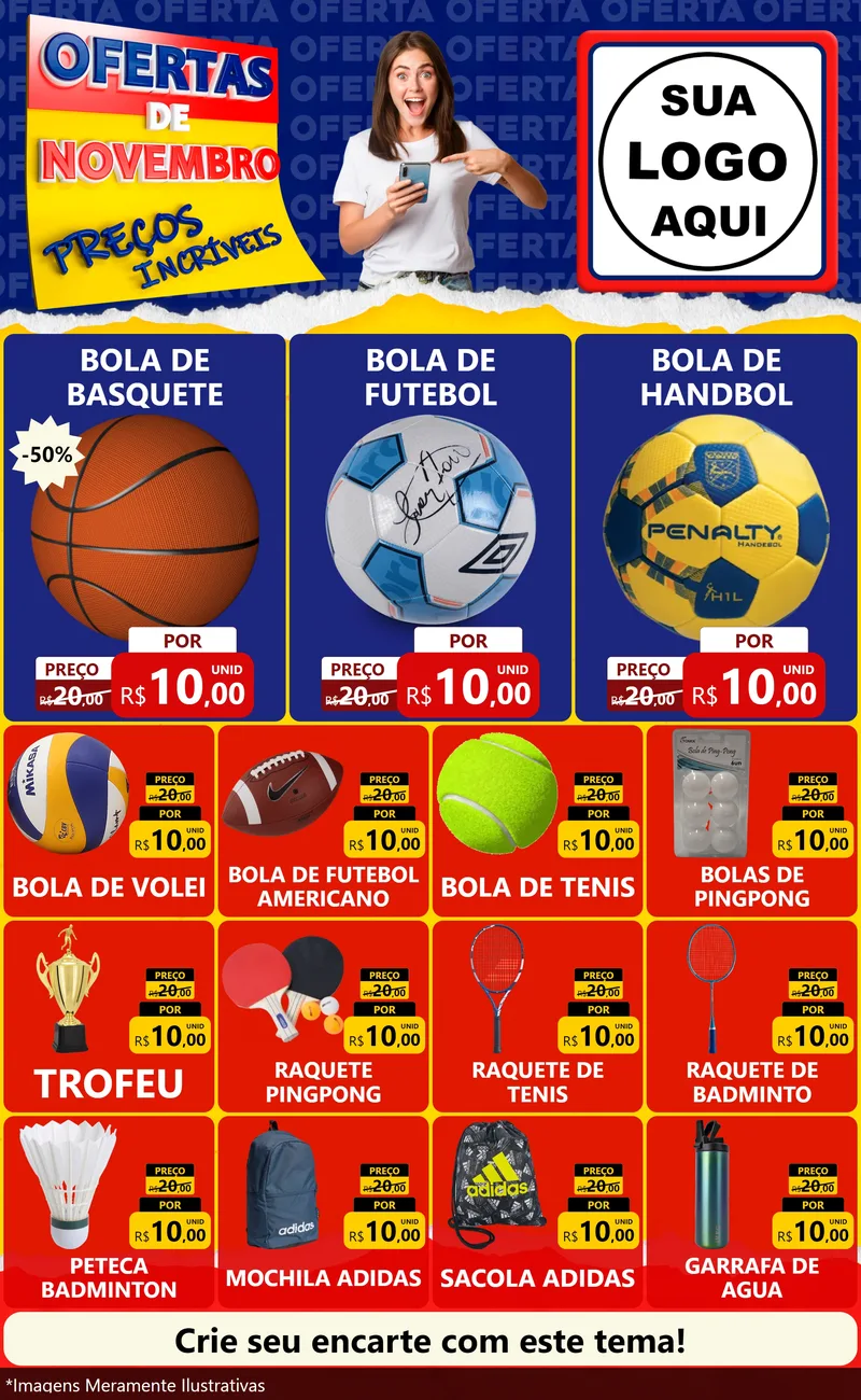 Modelo de Encarte para Encarte Grande com o tema Ofertas de Novembro - Preços Incríveis para Artigos Esportivos