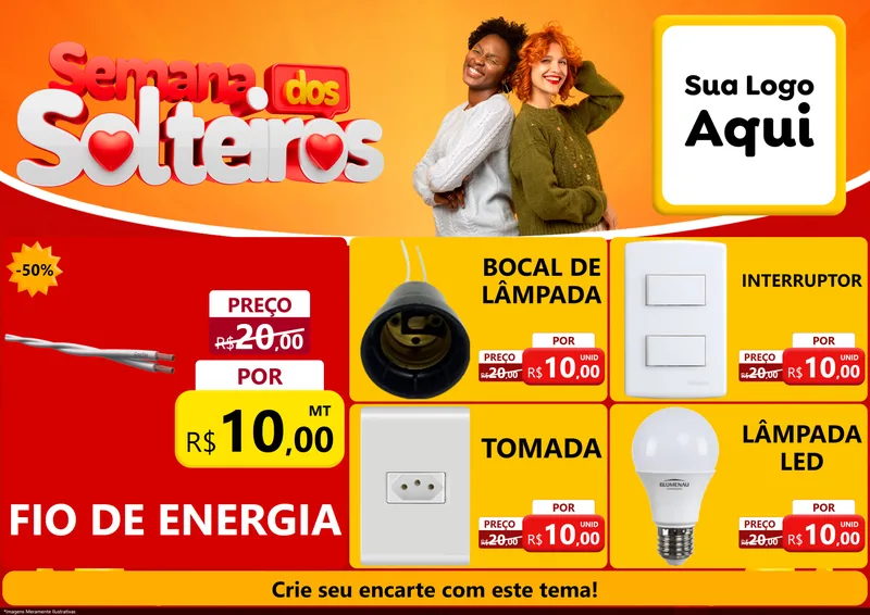 Modelo de Encarte para Encarte A4 Horizontal com o tema Semana dos Solteiros para Materiais Elétricos