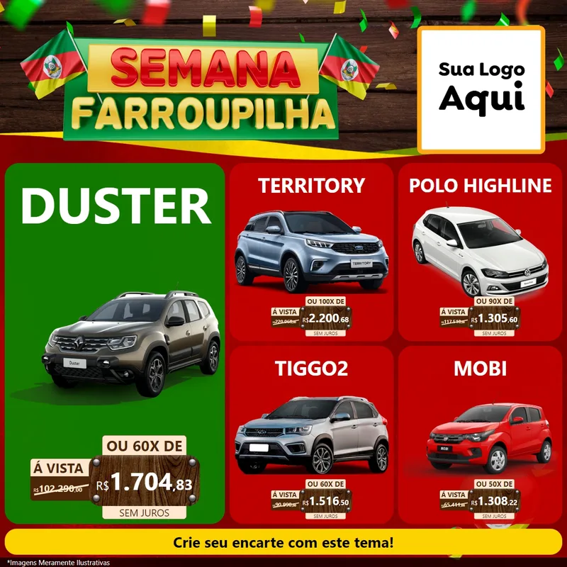 Modelo de Rede Social para Feed Facebook com o tema Semana Farroupilha para Concessionaria de Carros
