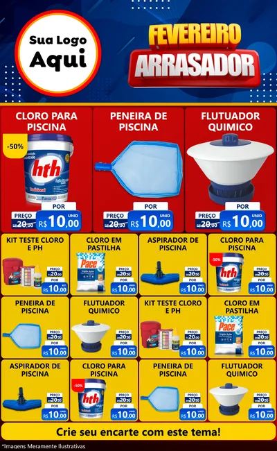 Modelo de Encarte para Encarte Grande com o tema Fevereiro Arrasador para Produtos para Piscina