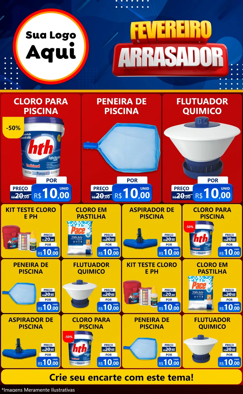 Modelo de Encarte para Encarte Grande com o tema Fevereiro Arrasador para Produtos para Piscina