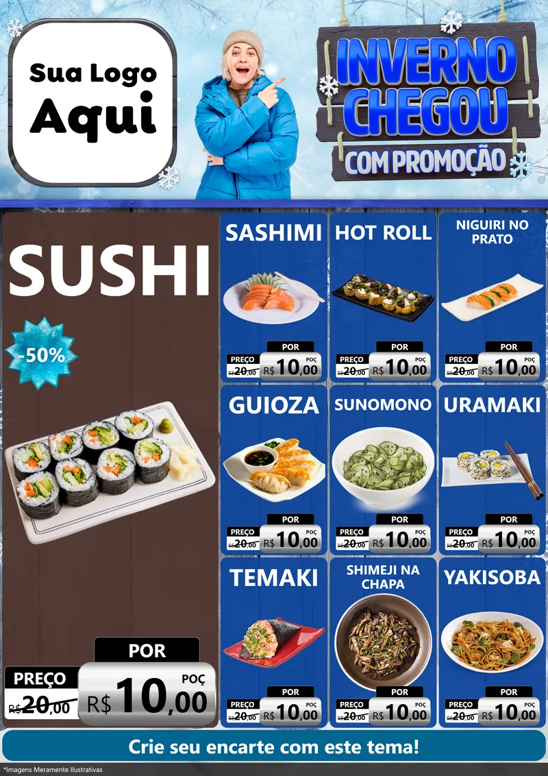 Modelo de Encarte para Encarte A4 Vertical com o tema Inverno Chegou Com Promoção para Comida japonesa