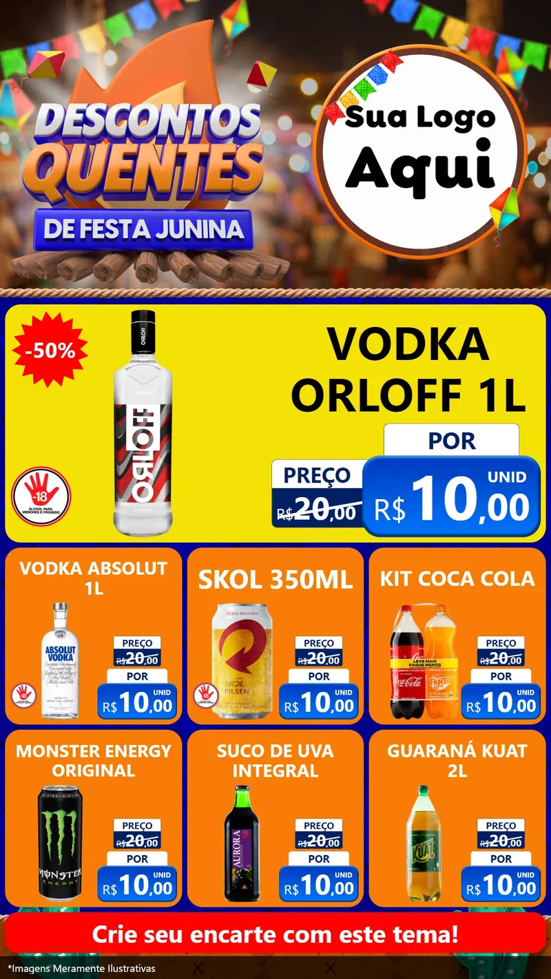 Modelo de Rede Social para Stories com o tema Descontos Quentes de Festa Junina para Distribuidora de bebidas