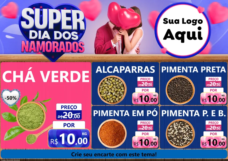Modelo de Encarte para Encarte A4 Horizontal com o tema Super Dia dos Namorados para Produtos Naturais
