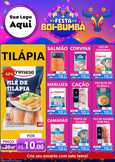 Modelo de Encarte para Encarte A4 Vertical com o tema Festa Boi-Bumbá para Peixaria