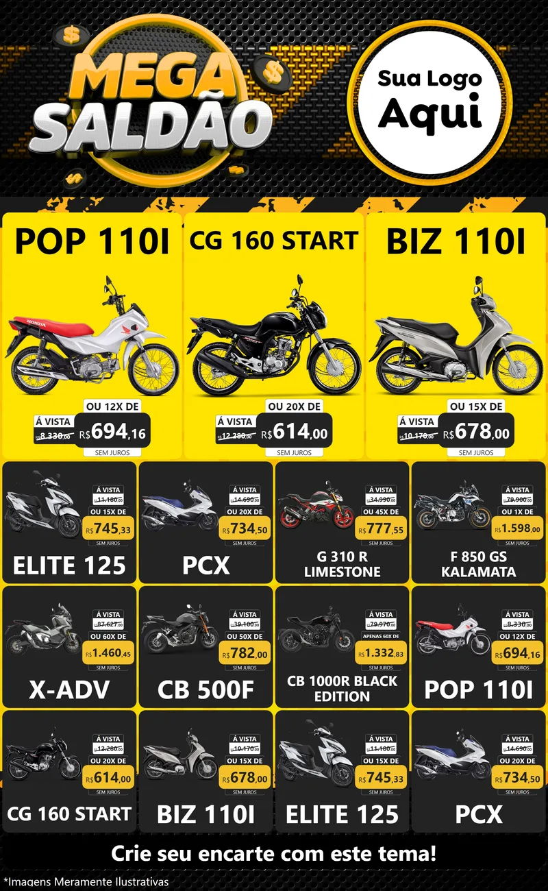 Modelo de Encarte para Encarte Grande com o tema Mega Saldão para Concessionaria de Motos