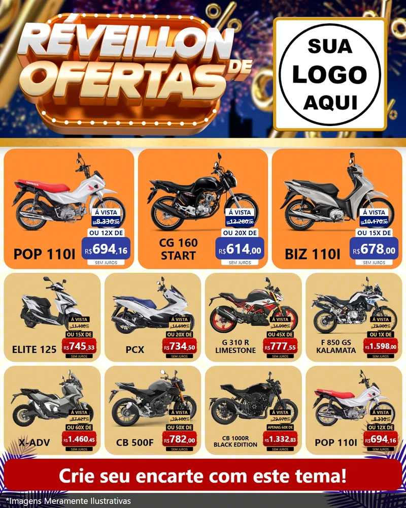 Modelo de Rede Social para Feed Instagram com o tema Réveillon de Ofertas para Concessionaria de Motos