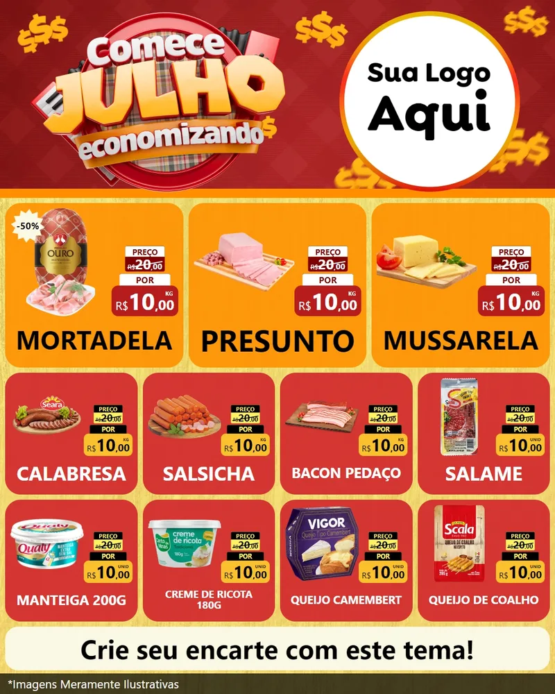 Modelo de Rede Social para Feed Instagram com o tema Comece Julho Economizando para Frios e Laticínios