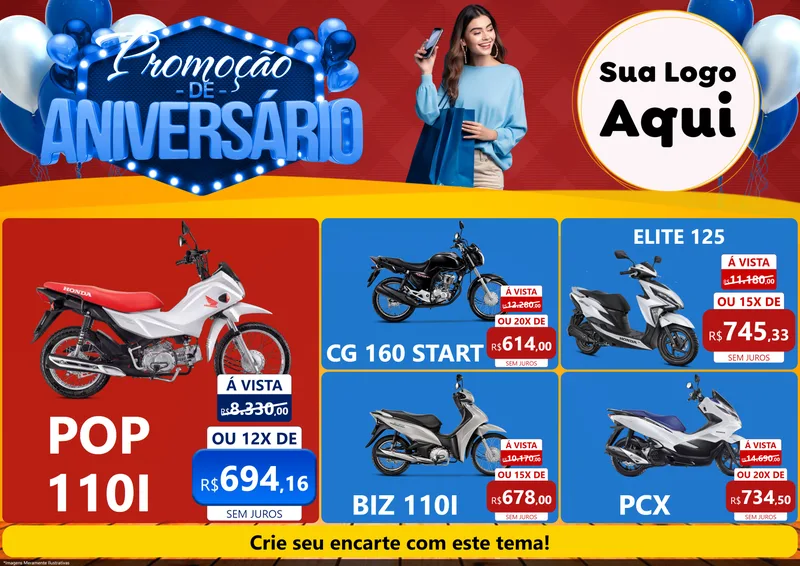 Modelo de Encarte para Encarte A4 Horizontal com o tema Promoção de Aniversário para Concessionaria de Motos