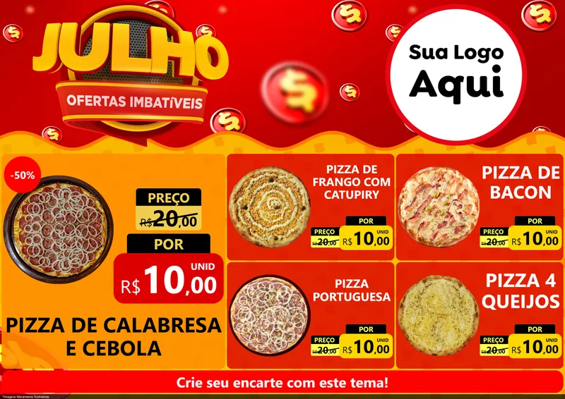 Modelo de Encarte para Encarte A4 Horizontal com o tema Julho Ofertas Imbatíveis para Pizzaria