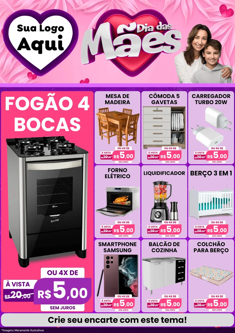 Modelo de Encarte para Encarte A4 Vertical com o tema Dia das Mães para Móveis e Eletro
