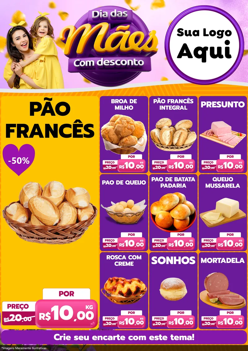 Modelo de Encarte para Encarte A4 Vertical com o tema Dia das Mães com Desconto para Padaria