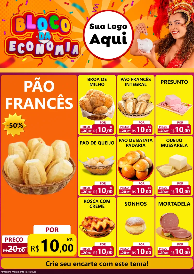 Modelo de Encarte para Encarte A4 Vertical com o tema Bloco da Economia para Padaria