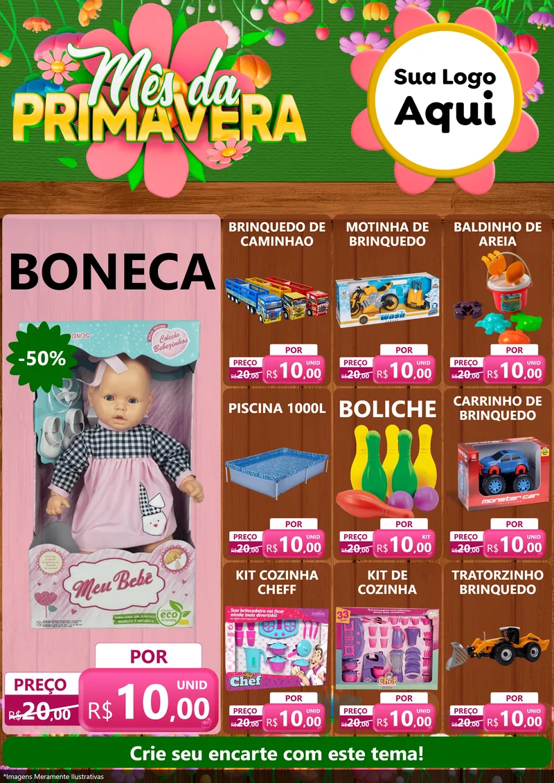 Modelo de Encarte para Encarte A4 Vertical com o tema Mês da Primavera para Brinquedos