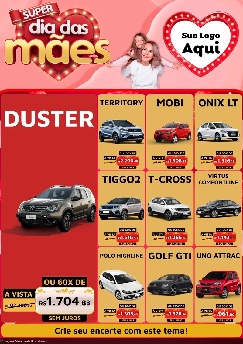 Modelo de Encarte para Encarte A4 Vertical com o tema Super Dia Das Mães para Concessionaria de Carros