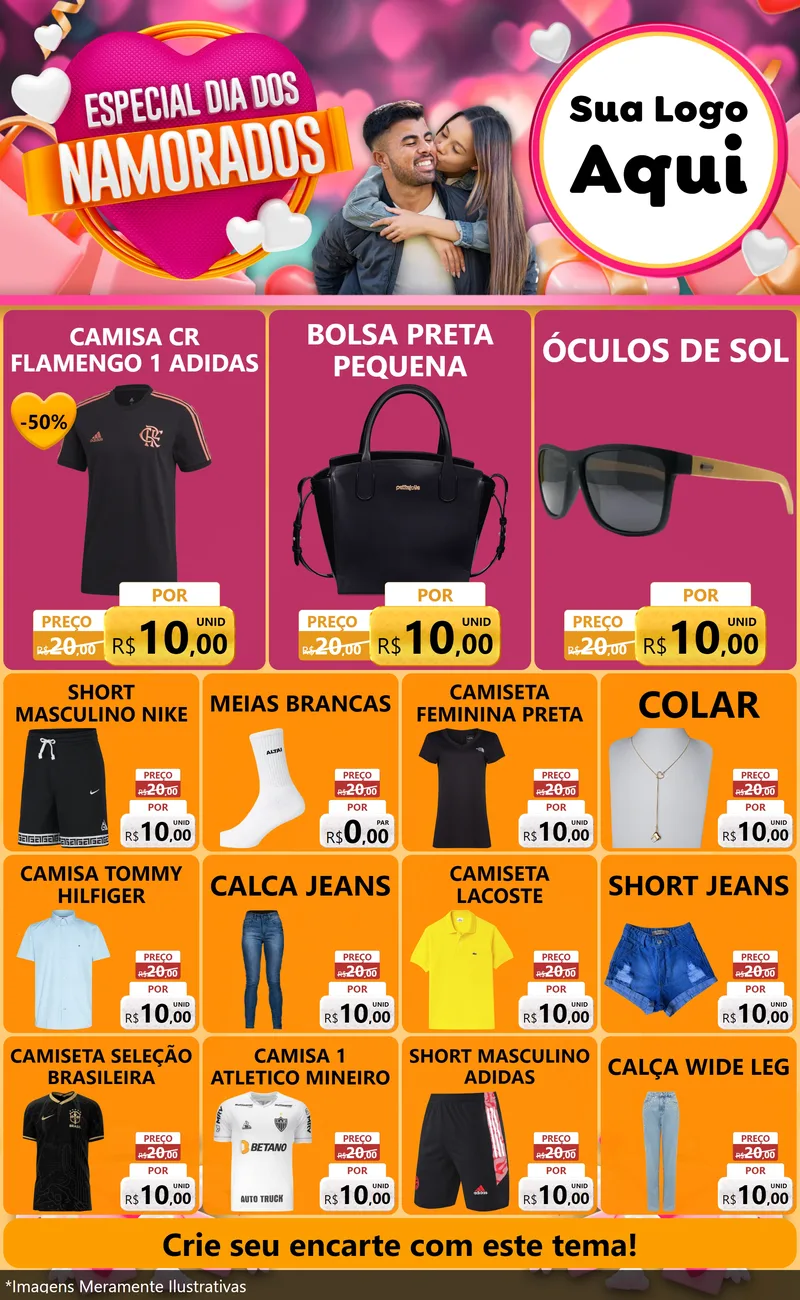 Modelo de Encarte para Encarte Grande com o tema Especial Dia dos Namorados para Roupas e acessórios
